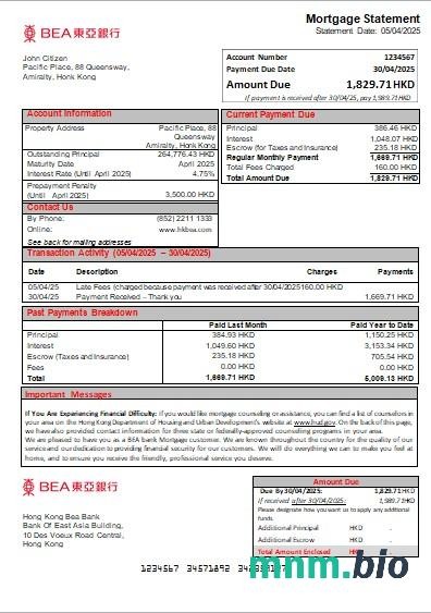 Hong Kong Bank BEA wyciąg z kredytu hipotecznego szablon Word i PDF